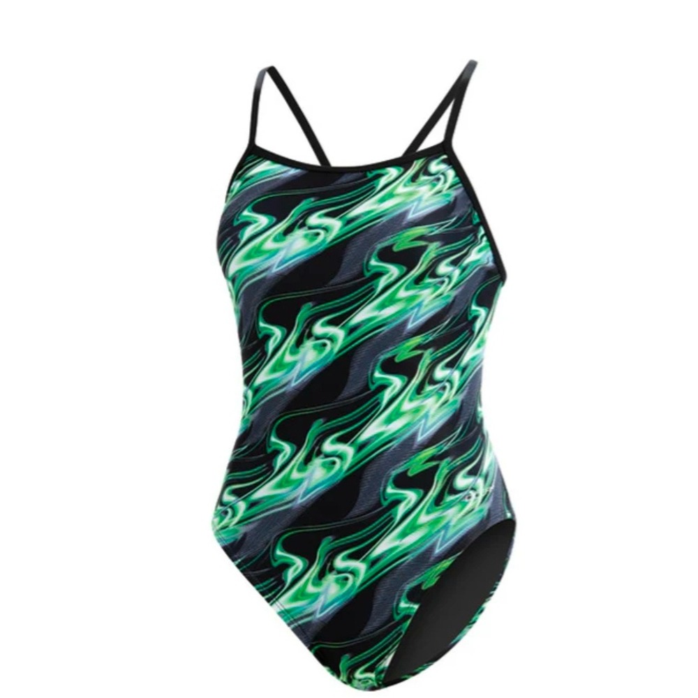 Dolfin Uglies Womens One Piece Swimsuit 36 Green Black Swirl Flame Athletic Swim